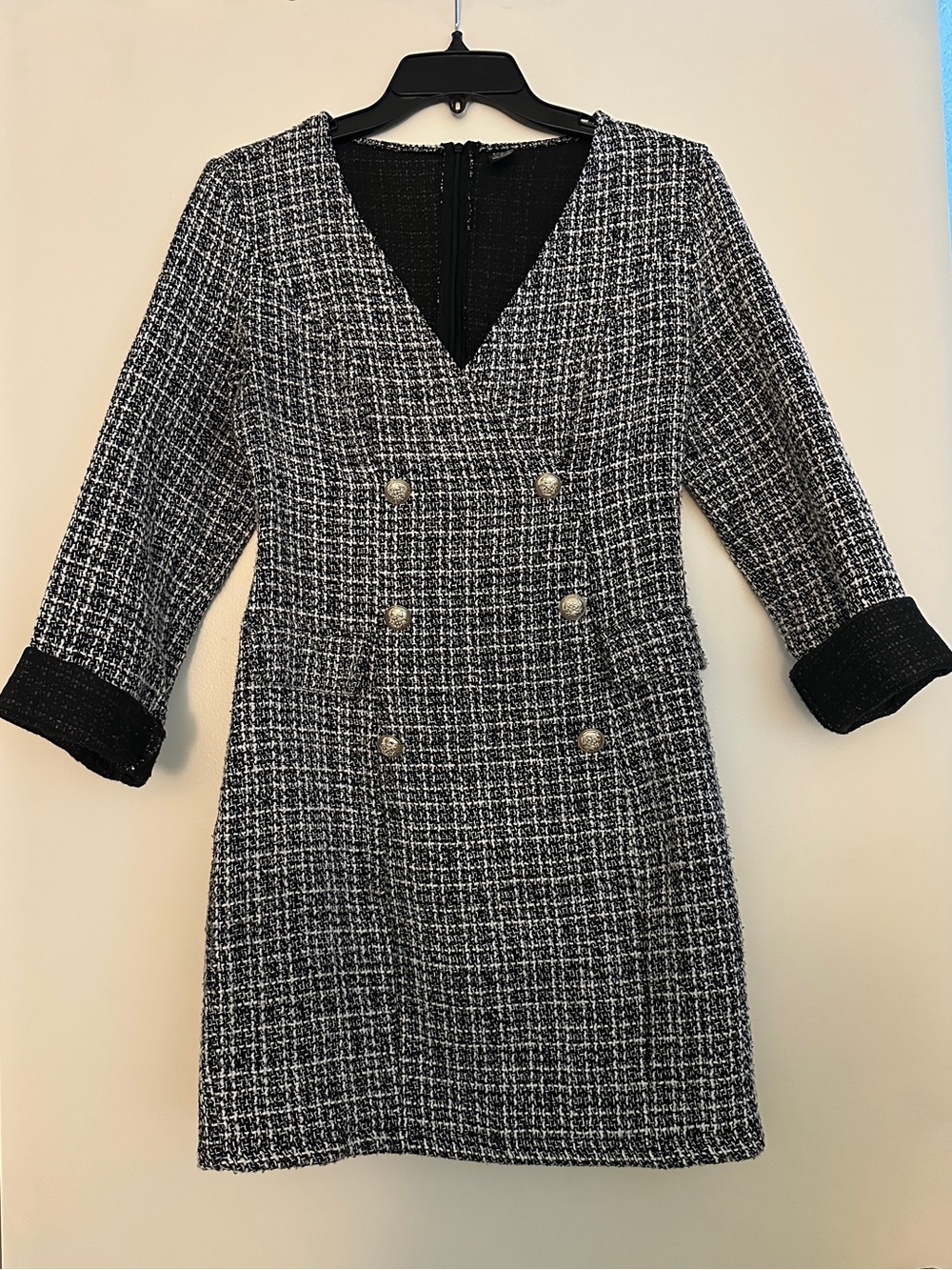 SHEIN Black and White Tweed Double-Breasted V-Neck Dress